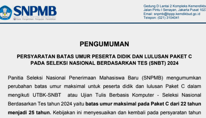 Persyaratan Batas Umur Peserta Didik Paket C SNPMB 2024