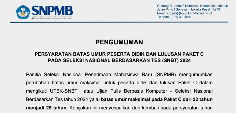 Persyaratan Batas Umur Peserta Didik Paket C SNPMD 2024