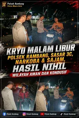 KRYD Malam Libur Polsek Rambang, Sasar 3C, Narkoba dan Sajam, Hasil Nihil Wilayah Aman dan Kondusif